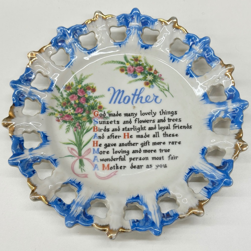 Vintage Mother Poem Collector Plate Reticulated Edge Blue Gold Trim Japan 8 inch